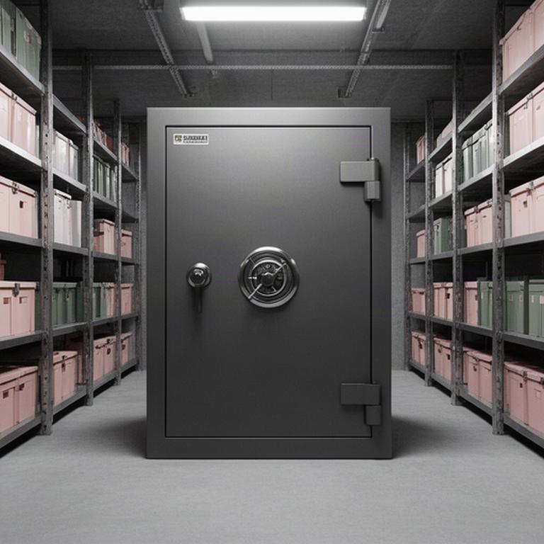 Closed high-security bank safe in a secure Singapore storage room with steel shelving