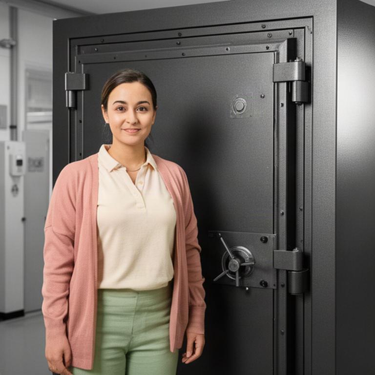 Safe manufacturing team member standing beside a finished commercial vault door in a Singapore facility