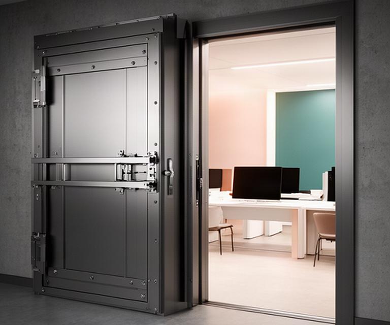 Installed high-security vault door beside a finished financial operations room