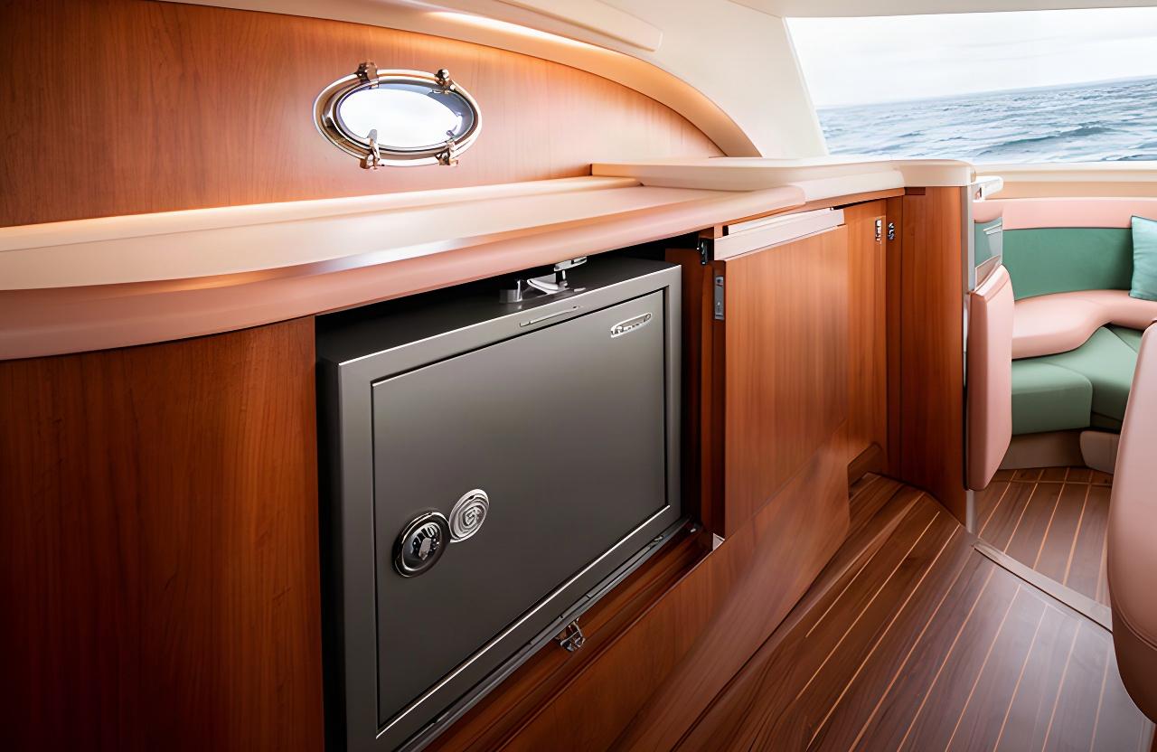 Custom compact strongbox installed within a yacht interior with concealed locking hardware
