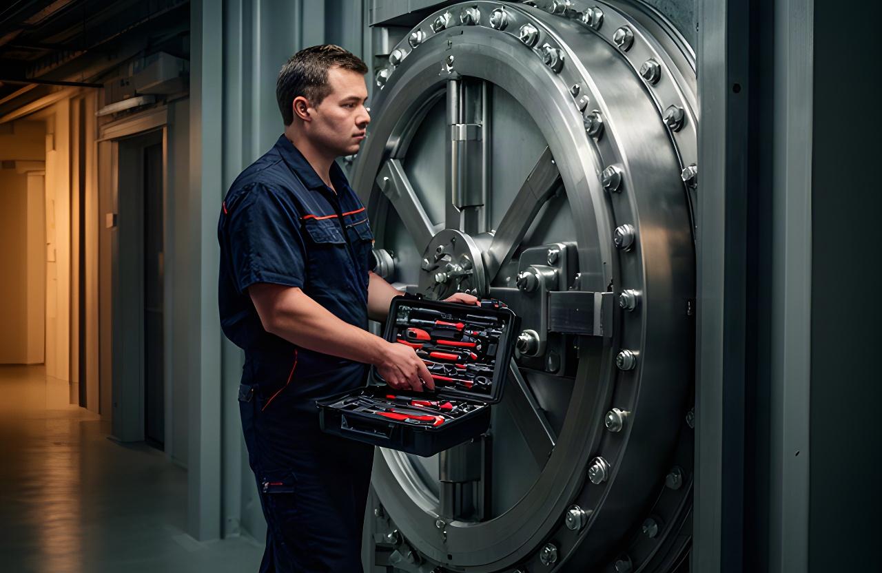 Technician carrying specialist tools beside a secure vault door during an emergency service call