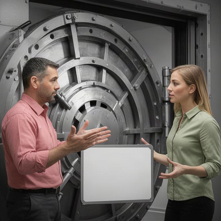 Facilities manager and safe manufacturer discussing a secure storage installation beside a steel vault entrance